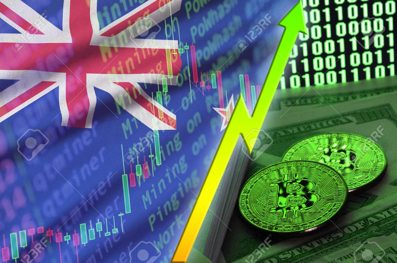 New Zealand Flag And Cryptocurrency Growing Trend With Two Bitcoins - 